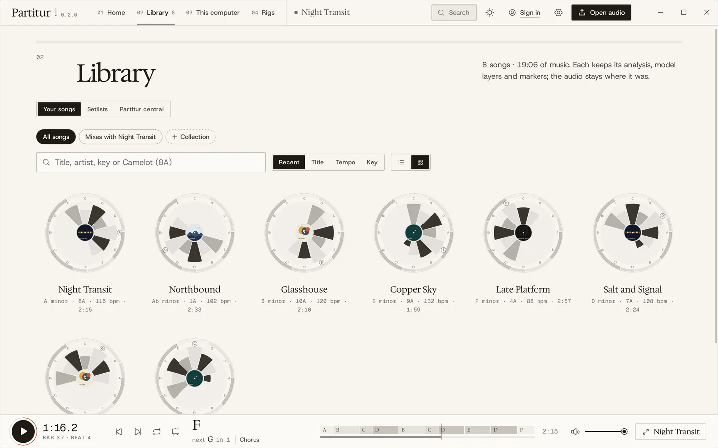 The library as a grid of song clocks, each with its album cover at the centre: Night Transit, Northbound, Glasshouse, Copper Sky, Late Platform and Salt and Signal, with key, Camelot number, tempo and length.