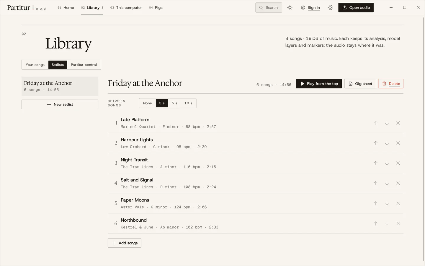 A setlist, Friday at the Anchor: six songs with key, tempo and length, a pause of 3 seconds between songs, Play from the top and Gig sheet.