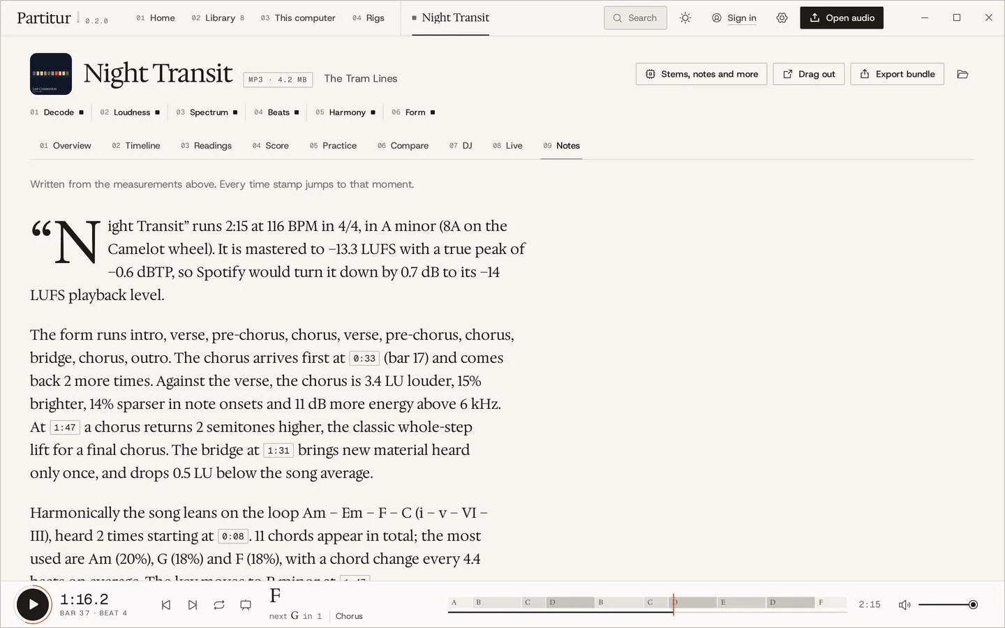 The Notes tab: liner notes in serif type describing Night Transit's form, harmony, key change, tempo and loudness, with time stamps you can click.