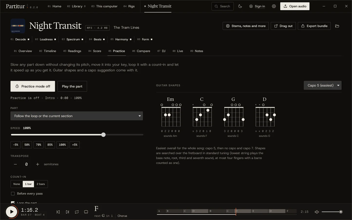 The Practice tab: practice mode, speed at 100 percent with steps from 50 to 125, transpose, count-in, and guitar chord diagrams for Em, C, G and D with the suggestion capo 5.