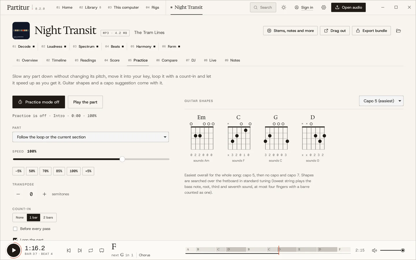 The Practice tab: practice mode, speed at 100 percent with steps from 50 to 125, transpose, count-in, and guitar chord diagrams for Em, C, G and D with the suggestion capo 5.
