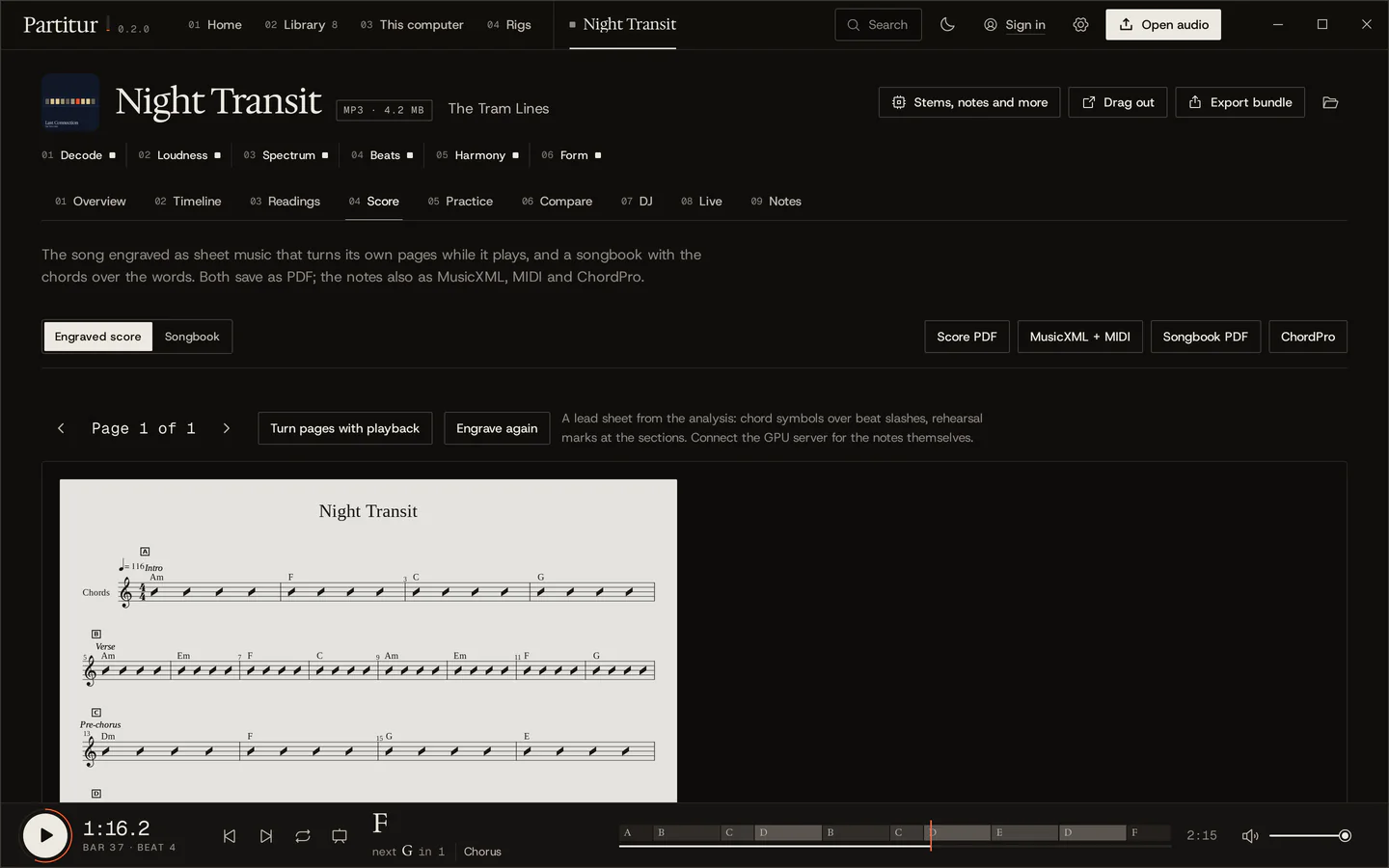The Score tab: Night Transit engraved as a lead sheet with chord symbols over slash notation and section marks, with buttons to save PDF, MusicXML, MIDI and ChordPro.