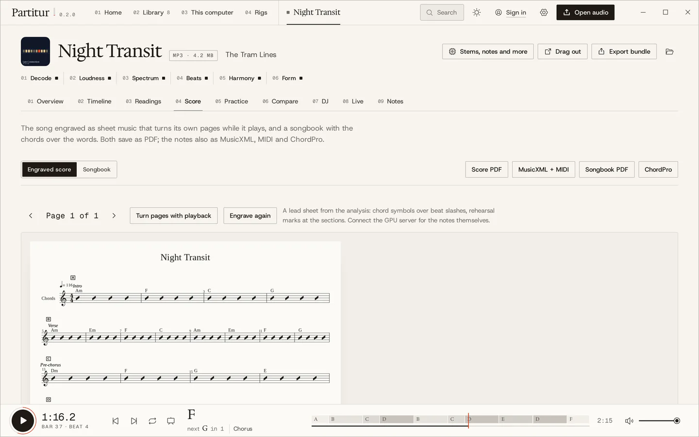 The Score tab: Night Transit engraved as a lead sheet with chord symbols over slash notation and section marks, with buttons to save PDF, MusicXML, MIDI and ChordPro.